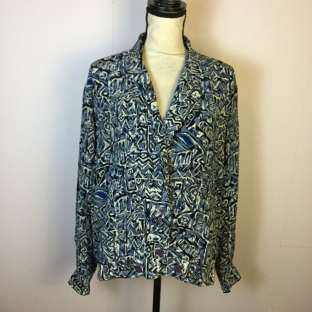 Nordstrom Town Square 100% Silk Blouse Shirt Size L Womans Blue Abstract Vintage